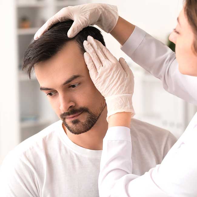 Hairloss professional examining handsome man for PRP Therapy hair loss treatments - Skinworks Wellness & Aesthetics Hendersonville, TN