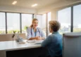 A friendly doctor discusses a treatment, possibly vaginal microneedling, with a patient in a bright office.