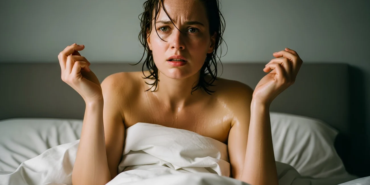 Person waking up in bed drenched in sweat despite feeling cold, symbolizing night sweats