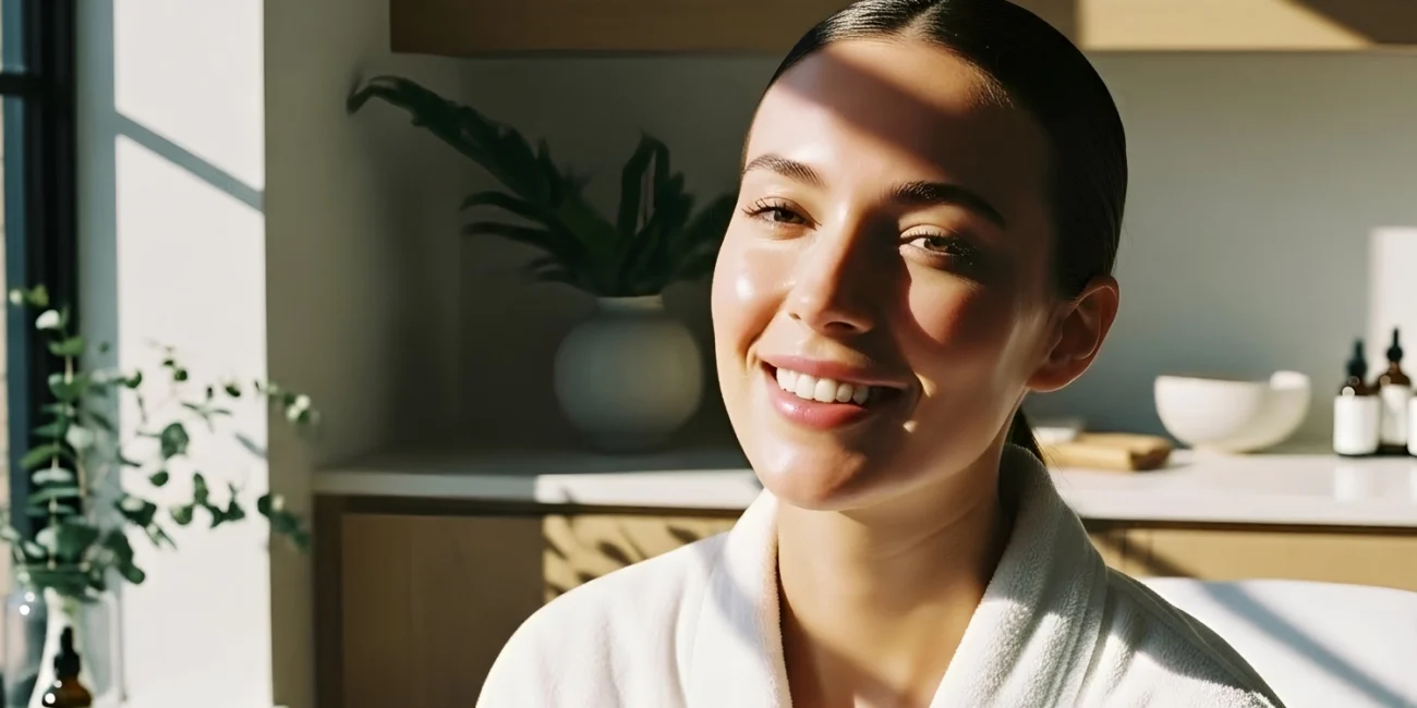woman in spa robe relaxing in bright wellness setting, with a rejuvenated skin after chemical peels treatment in Skinworks Wellness in Hendersonville, TN